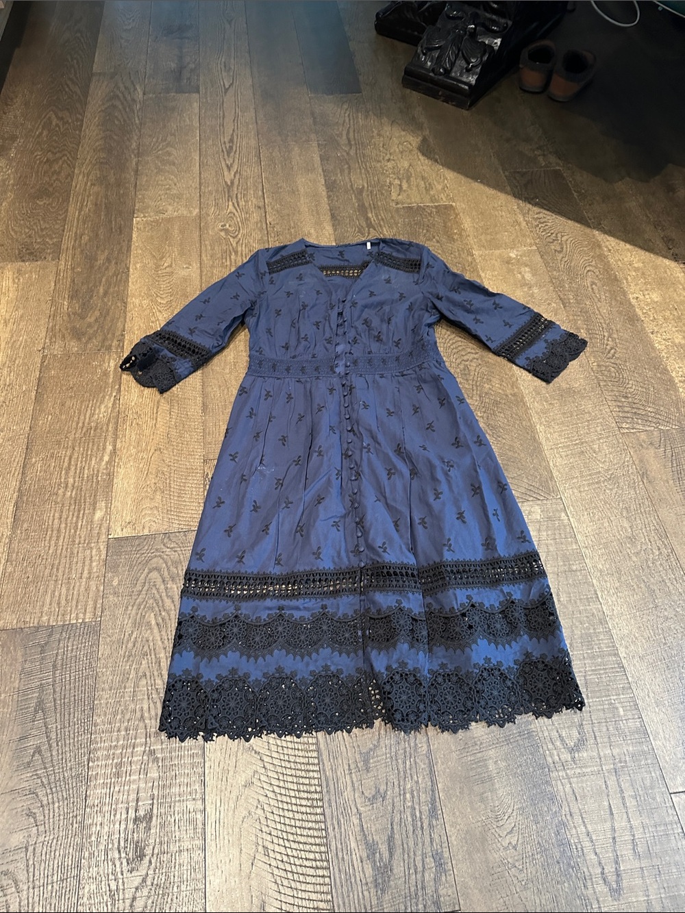 Tahari Navy Blue Dress with Black Lace Trim